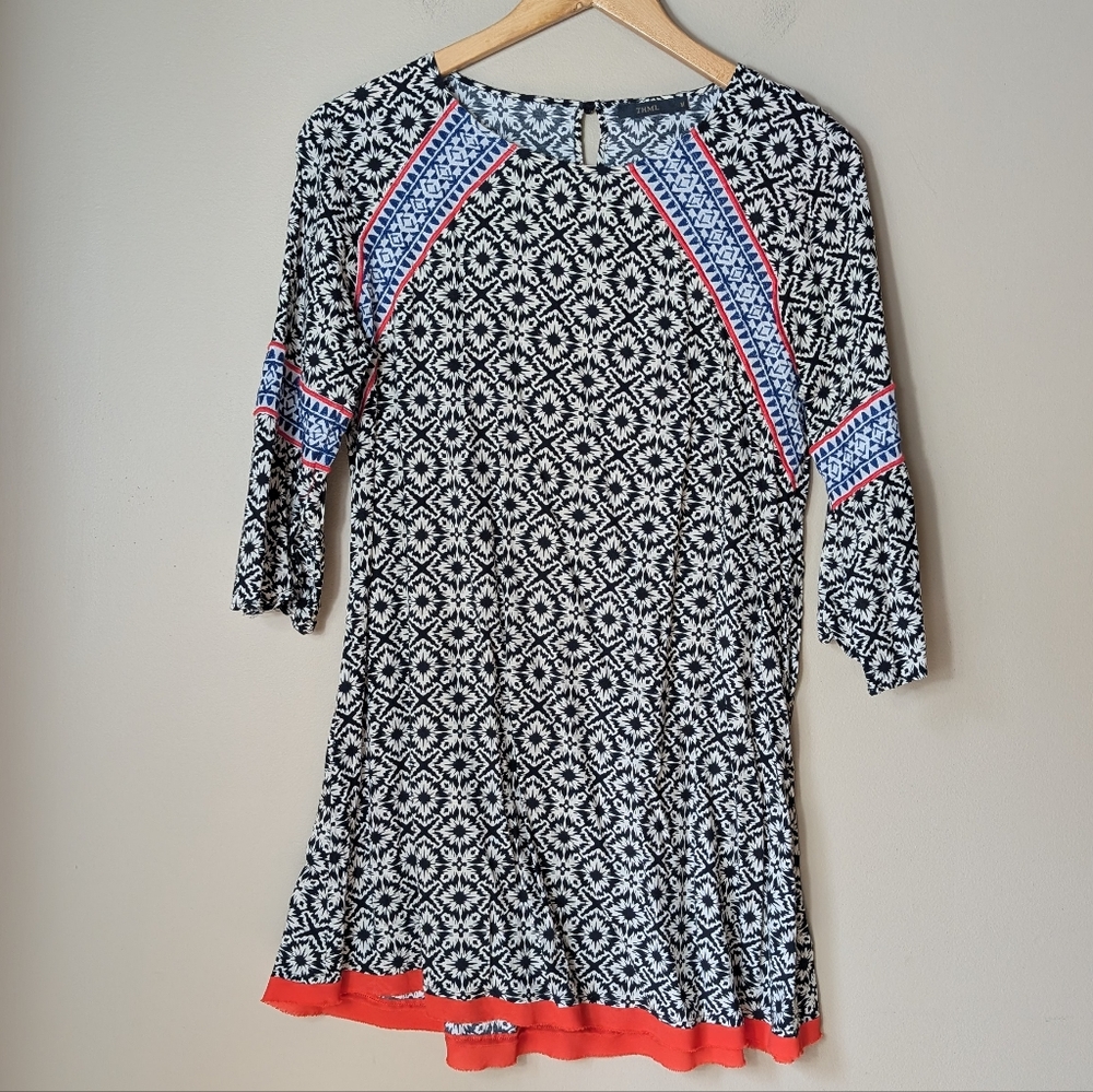 THML Black & White Geometric Midi Dress with Blue and Red Accents